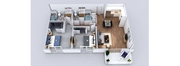 A floor plan of a small apartment with a kitchen, living room, and bathroom at Prizma in Los Angeles, CA, 90038