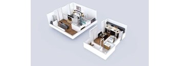 Two white 3d floor plans of a house at Prizma in Los Angeles, CA, 90038