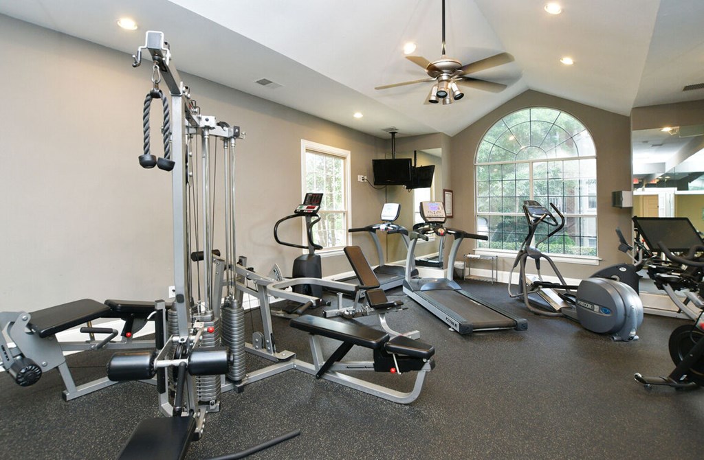 A well equipped gym with a variety of exercise equipment.at Braxton Woods Lake, Greenville, SC 29607