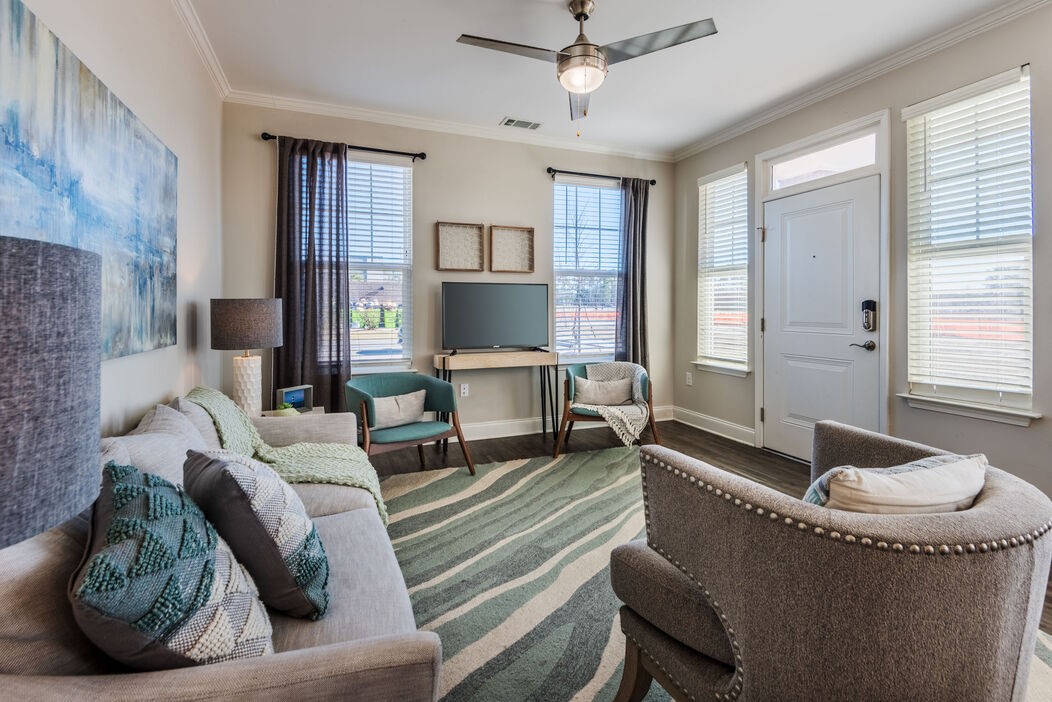 A living room with a grey couch and a green striped rug.