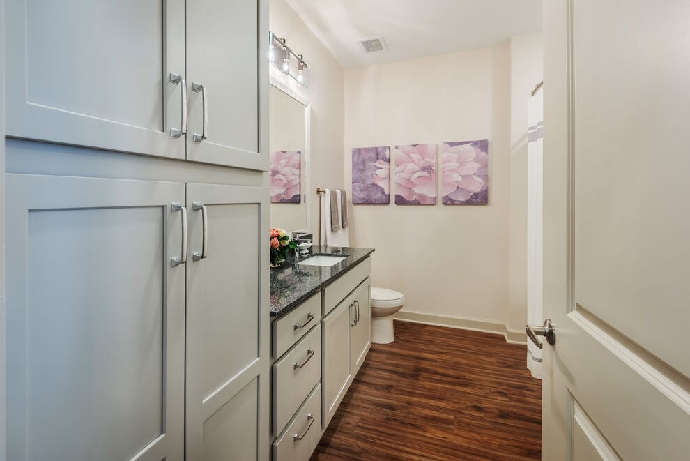 A bathroom with white cabinets and a wooden floor.at Riverside Flats at Aberfoyle Village, Belmont, 28012