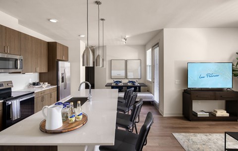 A modern kitchen with a dining table and chairs at Las Palmas Apartments, Fort Myers