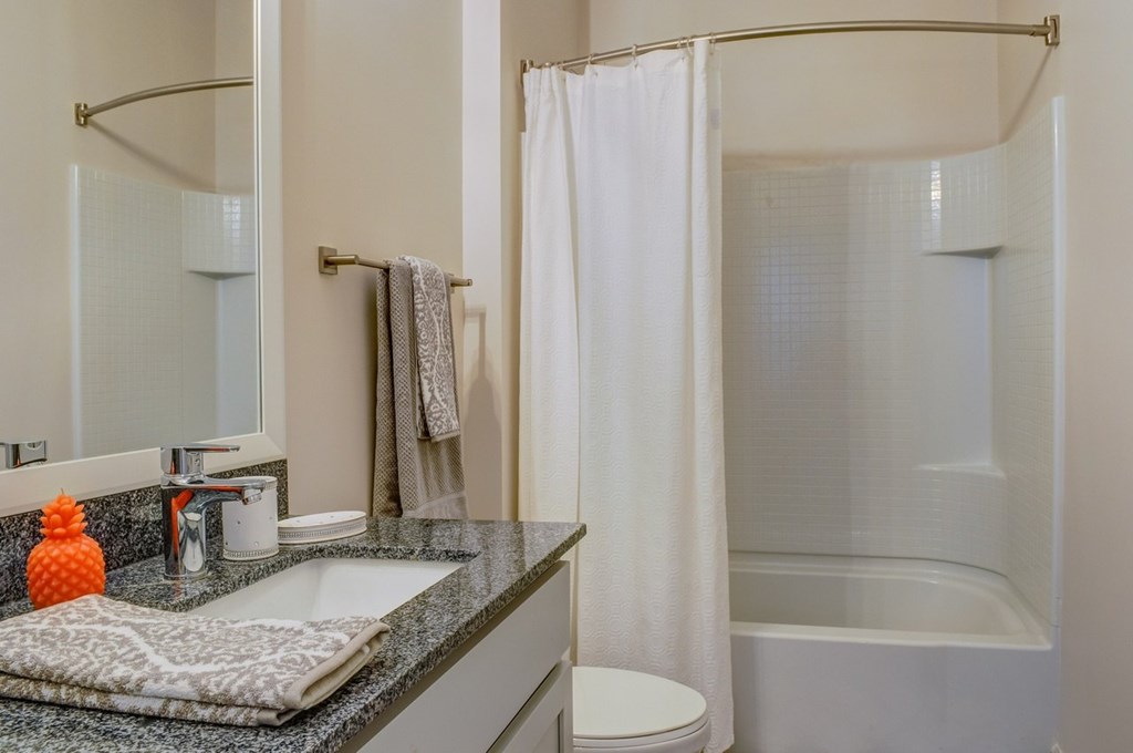 A bathroom with a sink, toilet, and shower.at Riverside Flats at Aberfoyle Village, Belmont, 28012