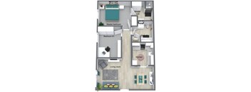 A floor plan of a small apartment with a living room, kitchen, and two bedrooms.