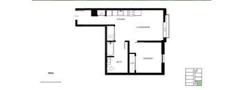 A floor plan of a small apartment with a kitchen, living room, and bedroom.