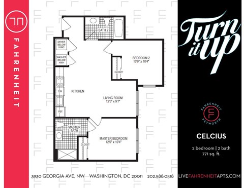 A floor plan for a two bedroom, two bathroom apartment.
