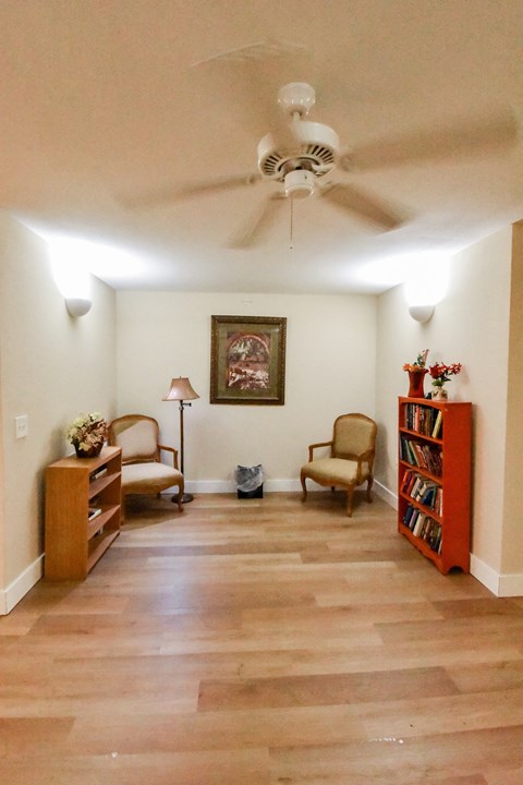 A living room with a ceiling fan and a painting on the wall.