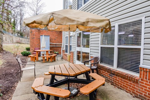 A patio with a table and chairs under a canopy.