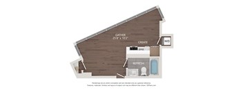 A 3D floor plan of a house with a bathroom and a kitchen.
