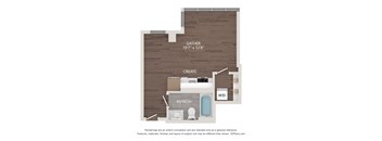 A floor plan of a small apartment with a living room, kitchen, and bathroom.