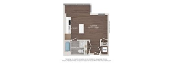 A floor plan of a room with a bathroom and a kitchen area.