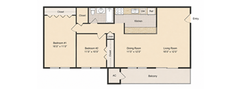 A floor plan of a house with a kitchen, two bedrooms, a living room, and a balcony.