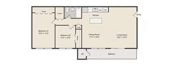A floor plan of a small apartment with two bedrooms, a living room, a kitchen, and a bathroom.