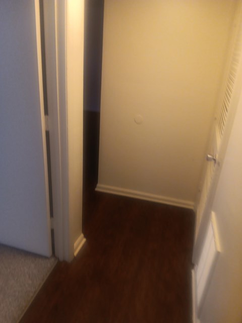 A white door is open to a dark hallway.