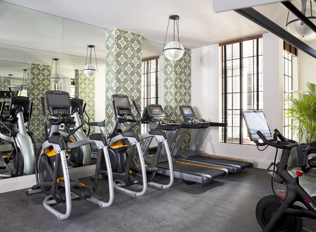 A row of treadmills and exercise bikes are lined up in a gym.