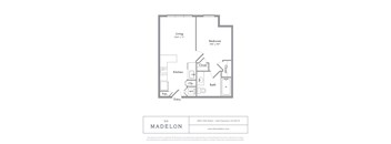 A floor plan of a one bedroom apartment with a kitchen and bathroom.