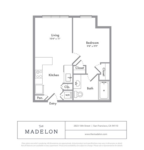 A floor plan of a one bedroom apartment with a kitchen and bathroom.