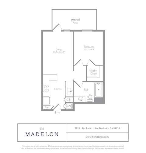 A floor plan for a one bedroom apartment at The Madelon.