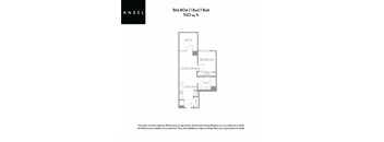 A floor plan for an apartment with a living room, kitchen, bathroom, and bedroom.