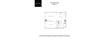A floor plan for an apartment with a living/dining area, kitchen, bedroom, and bathroom.