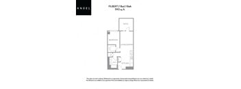 A floor plan for an apartment in the Ansel building shows a bedroom, living/dining area, kitchen, and bathroom.