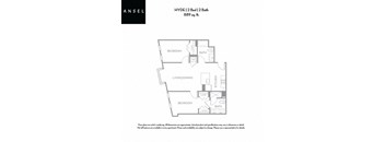 A floor plan for a 2 bedroom, 2 bathroom apartment.