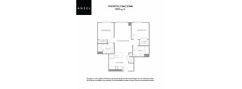 A floor plan for an apartment with two bedrooms, two bathrooms, and a kitchen.
