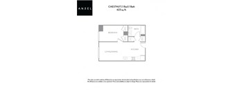 A floor plan for a 1 bedroom apartment with 1 bathroom.