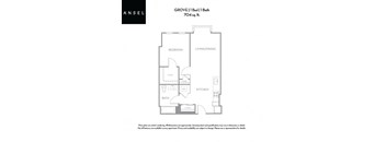 A floor plan for a 704 square foot grove bed and bath.