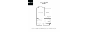 A floor plan for a 1 bedroom apartment with a living/dining area, kitchen, bedroom, bathroom and closet.