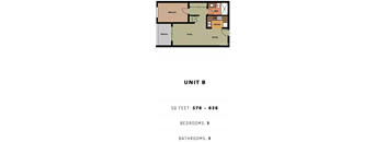 A diagram of a floor plan for a unit with a bedroom, bathroom, living room, kitchen, dining room, and balcony.