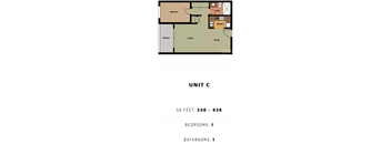 A floor plan of a unit with one bedroom and one bathroom.