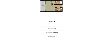 A diagram of a floor plan for a studio apartment with a living area, kitchen, and bathroom.