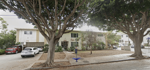 A tree-lined street with a white car parked on the side.