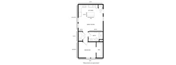 A floor plan of a small apartment with a kitchen, bathroom, bedroom and great room.