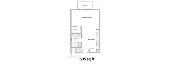 A drawing of a floor plan for a 635 sq ft home.
