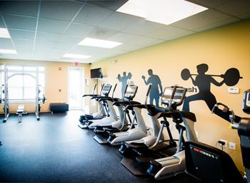 A gym with treadmills and exercise bikes.