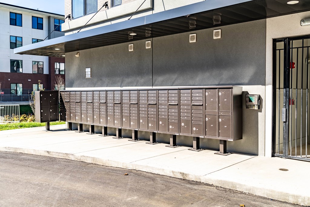A long row of mailboxes are lined up on the sidewalk.