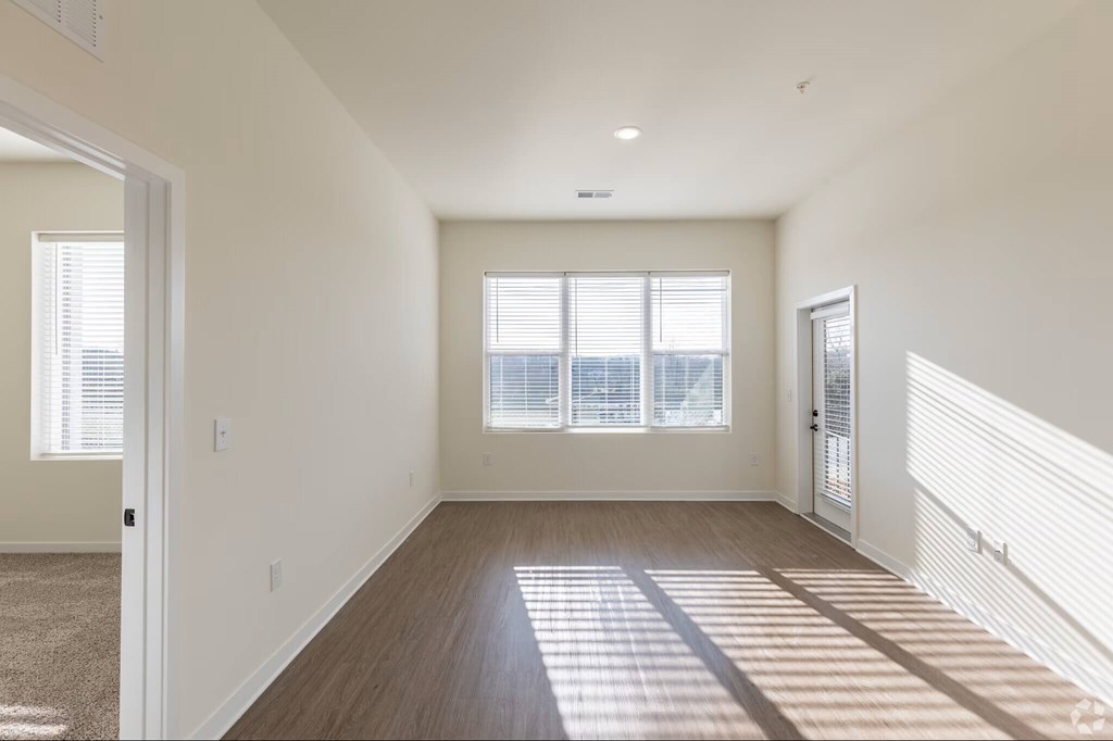 A sunny room with wooden floors and white walls.