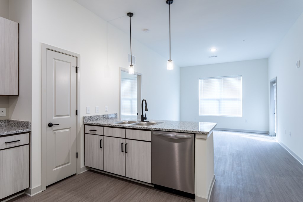 A kitchen with a granite countertop and stainless steel sink.