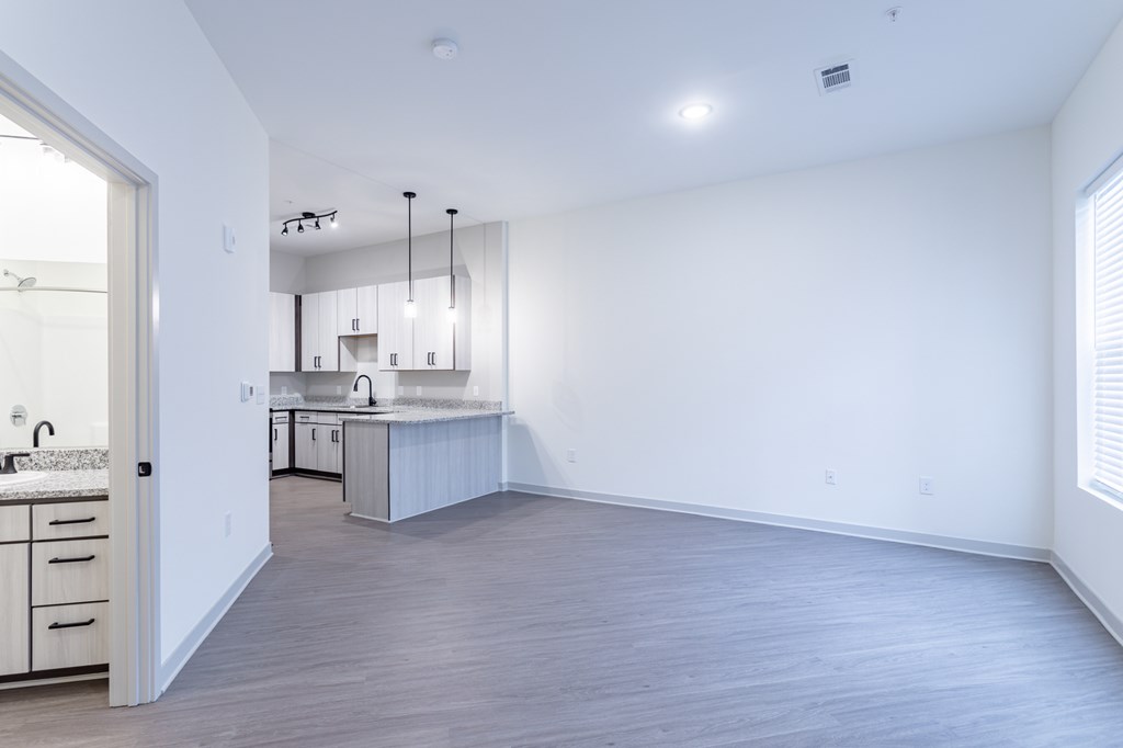 A kitchen with a sink and a counter is visible from the living room.