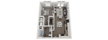 A floor plan of a small apartment with a kitchen, living room, and bathroom.
