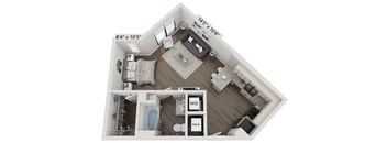 A 8'4" x 10'5" floor plan of a home with a living room, kitchen, and bathroom.