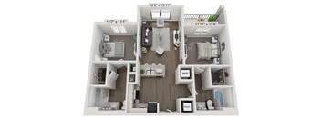 A 3D floor plan of a small apartment with a living room, kitchen, and bedroom.