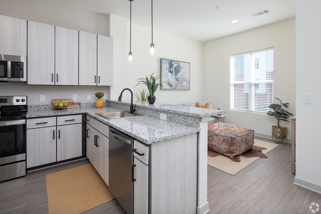 A kitchen with a granite countertop and stainless steel appliances.