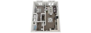 A floor plan of a small apartment with a kitchen, living room, and bathroom.