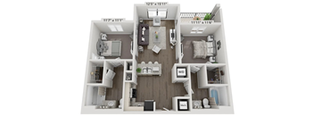 A 3D floor plan of a small apartment with a kitchen, living room, and bathroom.