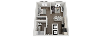 A floor plan of a small apartment with a bedroom, bathroom, and living room.