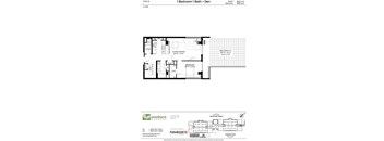 A floor plan for a 1 Bedroom 1 Bath + Den property.