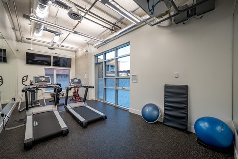 A gym with treadmills, exercise balls, and a weight machine.